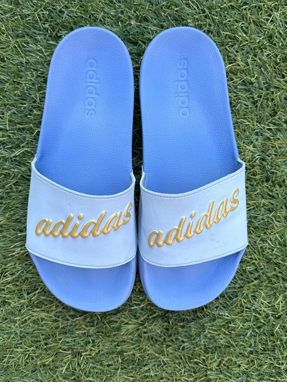 Adidas Adilette Comfort Slides Blue & Gold Women’s Pool Beach Casual Slip-On